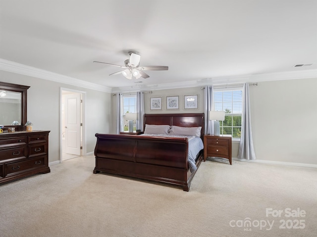 2178 Stone Pile Dr SW, Concord, NC 28025 - bedroom with light carpet, crown molding, baseboards, and a ceiling fan