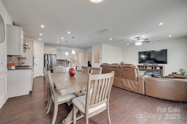 1033 Dorsey Dr, Fort Mill, SC 29715 - dining space featuring dark wood-style flooring, a ceiling fan, and recessed lighting