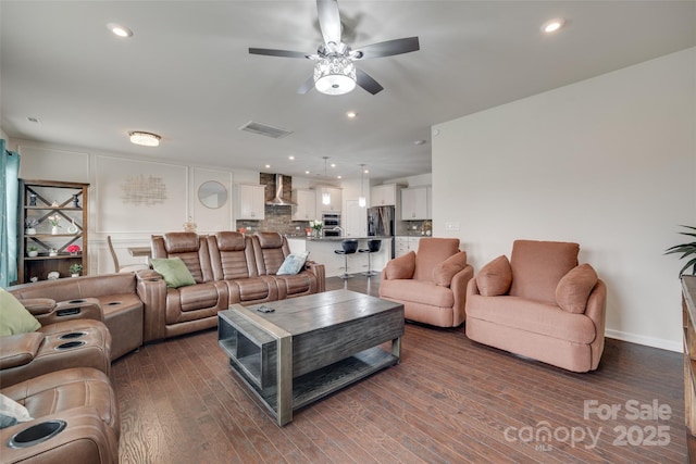 1033 Dorsey Dr, Fort Mill, SC 29715 - living room featuring a ceiling fan, wood finished floors, and recessed lighting