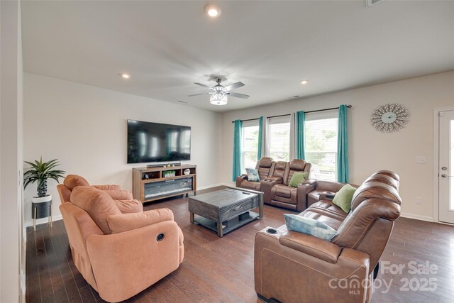 1033 Dorsey Dr, Fort Mill, SC 29715 - living room with recessed lighting, a ceiling fan, dark wood-style floors, and baseboards