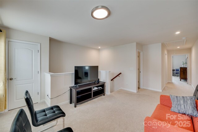 1033 Dorsey Dr, Fort Mill, SC 29715 - living area with attic access, carpet flooring, baseboards, and recessed lighting