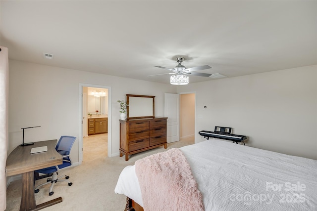 1033 Dorsey Dr, Fort Mill, SC 29715 - bedroom with light colored carpet, an office area, a ceiling fan, and ensuite bathroom