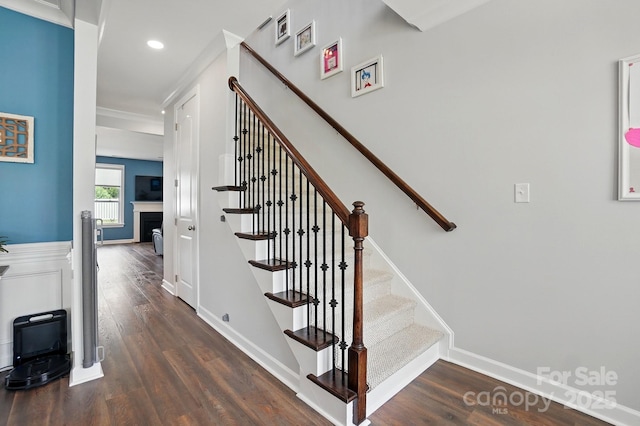 1437 Imperial Ct, York, SC 29745 - stairs featuring wood finished floors, recessed lighting, crown molding, baseboards, and a fireplace