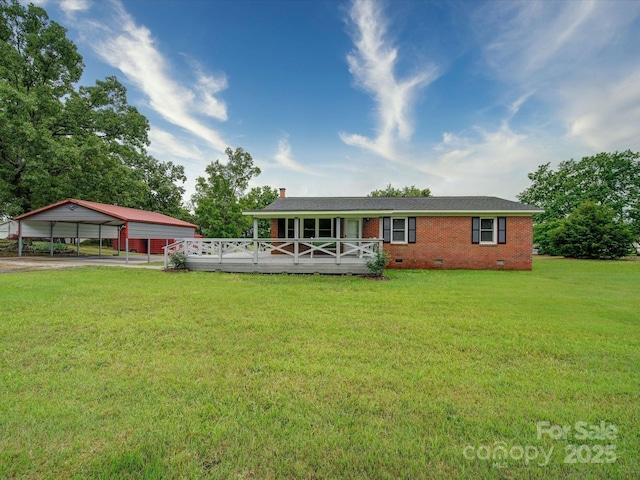 1155 Hasty Rd, Peachland, NC 28133 - rear view of property with crawl space, a yard, a carport, a deck, and brick siding