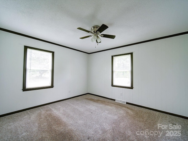 1155 Hasty Rd, Peachland, NC 28133 - carpeted spare room with crown molding, a ceiling fan, a textured ceiling, and baseboards