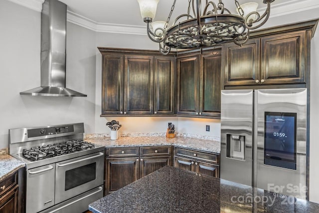 270 Sandhills Ct, Mooresville, NC 28115 - kitchen featuring stainless steel appliances, wall chimney range hood, a chandelier, dark brown cabinetry, and crown molding