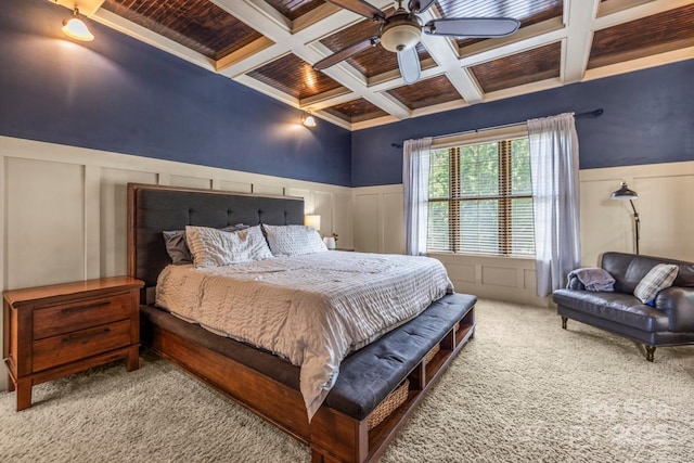 270 Sandhills Ct, Mooresville, NC 28115 - bedroom featuring coffered ceiling, a decorative wall, beamed ceiling, carpet flooring, and a wainscoted wall