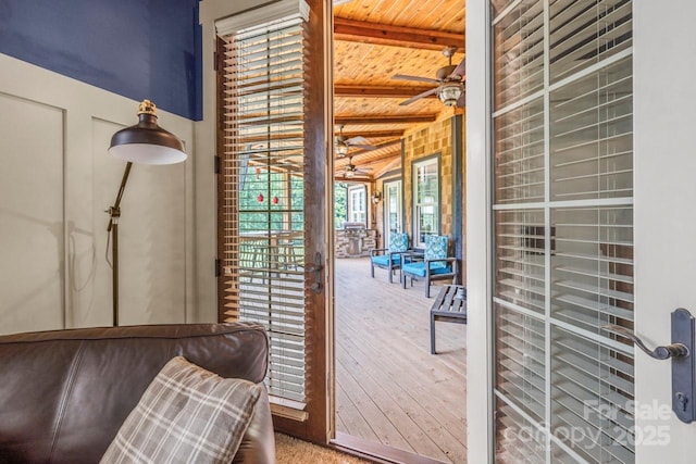270 Sandhills Ct, Mooresville, NC 28115 - entryway featuring ceiling fan, wooden ceiling, and wood finished floors