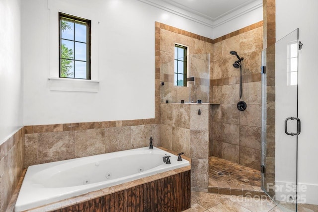 270 Sandhills Ct, Mooresville, NC 28115 - full bath with a stall shower, a tub with jets, healthy amount of natural light, and ornamental molding