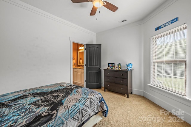 270 Sandhills Ct, Mooresville, NC 28115 - bedroom featuring crown molding, light colored carpet, multiple windows, ceiling fan, and connected bathroom