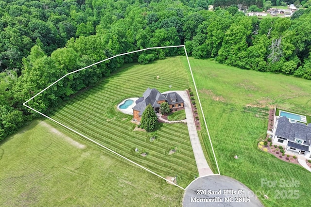 270 Sandhills Ct, Mooresville, NC 28115 - aerial view of property's location with property parcel outlined, a heavily wooded area, and a pool area
