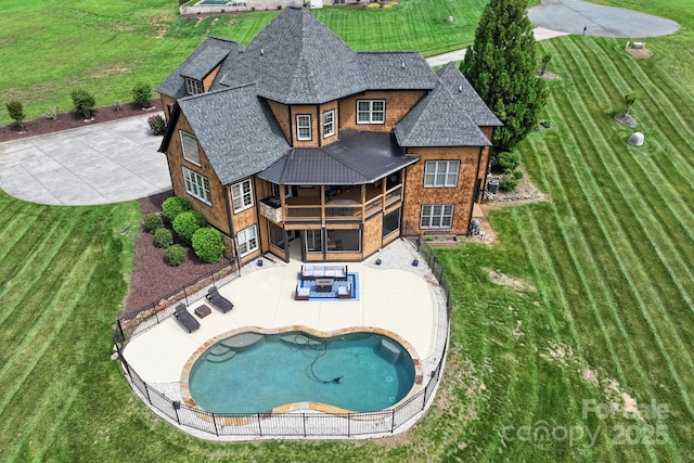 270 Sandhills Ct, Mooresville, NC 28115 - rear view of property with a shingled roof, a patio area, a balcony, and an outdoor pool