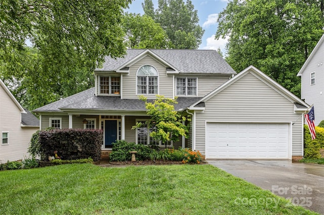 17318 Cambridge Grove Dr, Huntersville, NC 28078 - traditional-style house featuring driveway, roof with shingles, a porch, a front yard, and a garage