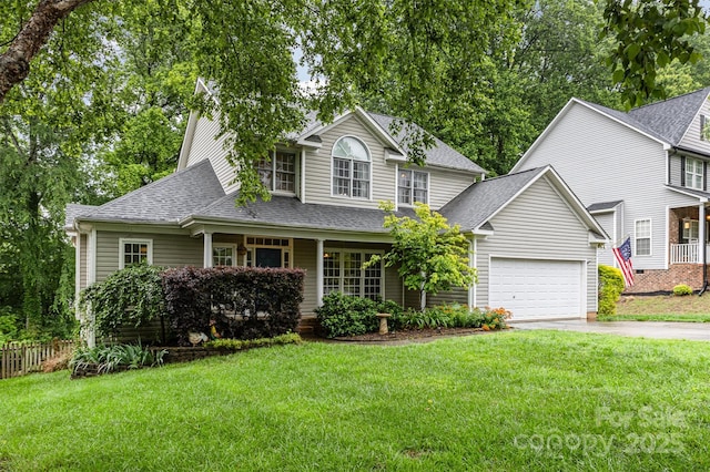 17318 Cambridge Grove Dr, Huntersville, NC 28078 - traditional-style house with roof with shingles, driveway, an attached garage, and covered porch