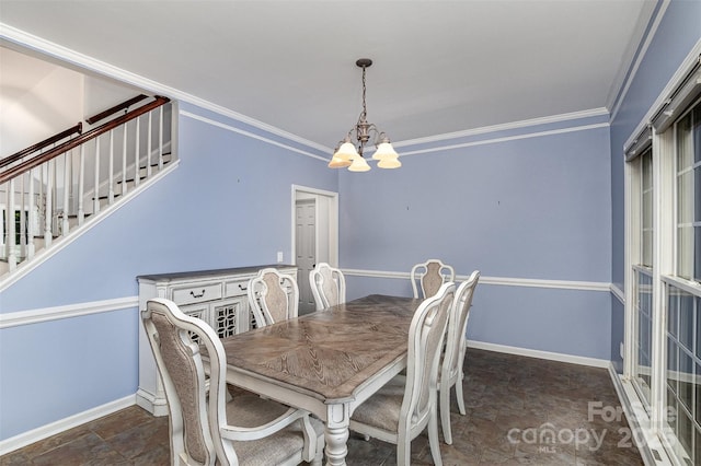 17318 Cambridge Grove Dr, Huntersville, NC 28078 - dining room featuring a chandelier, crown molding, stairway, baseboards, and stone finish flooring