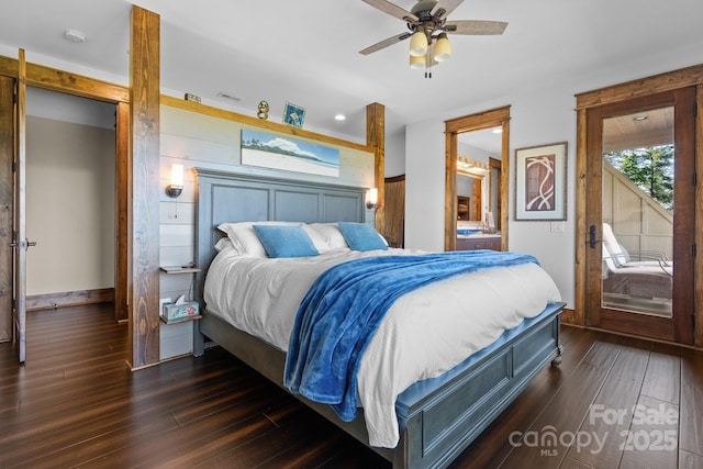 bedroom featuring dark wood finished floors, ceiling fan, and baseboards