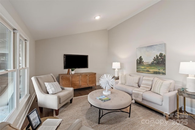 1096 Palmyra Dr, Tega Cay, SC 29708 - living room featuring vaulted ceiling and wood finished floors