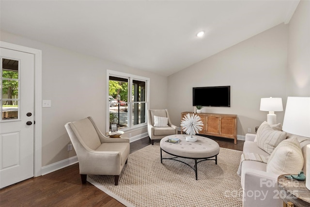 1096 Palmyra Dr, Tega Cay, SC 29708 - living area featuring dark wood-style floors, plenty of natural light, lofted ceiling, and recessed lighting