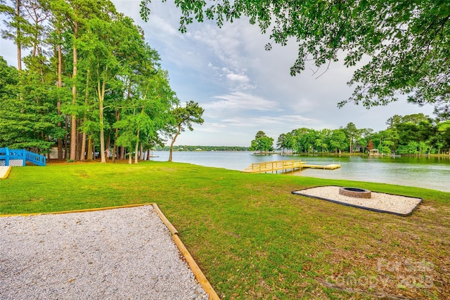 3911 Sandy Point Dr, York, SC 29745 - view of green lawn with an outdoor fire pit and a water view