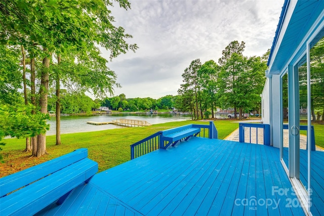 3911 Sandy Point Dr, York, SC 29745 - wooden terrace with a water view, a yard, and view of wooded area