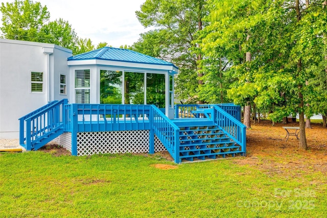 3911 Sandy Point Dr, York, SC 29745 - wooden deck featuring stairs and a lawn