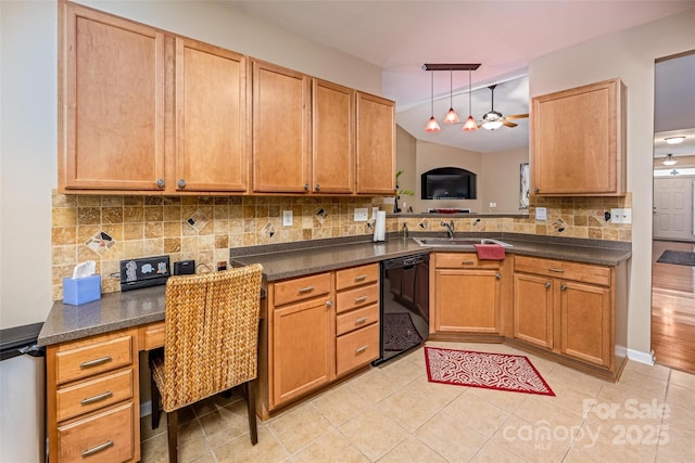 19539 Denae Lynn Dr, Cornelius, NC 28031 - kitchen with black dishwasher, a sink, dark countertops, and backsplash
