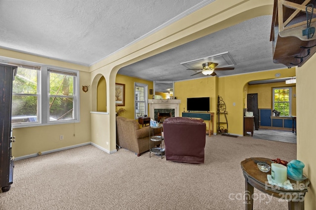 3905 NC Highway 213, Marshall, NC 28753 - living area featuring a textured ceiling, arched walkways, baseboards, carpet flooring, and a fireplace
