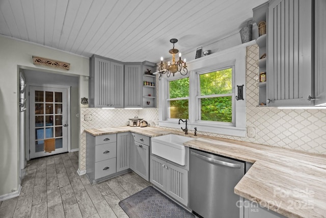 3905 NC Highway 213, Marshall, NC 28753 - kitchen with open shelves, stainless steel dishwasher, gray cabinets, a sink, and wood ceiling