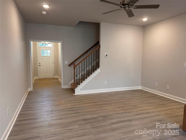 4041 Port Richmond Ave Unit 9, Gastonia, NC 28056 - foyer entrance with ceiling fan, baseboards, stairway, wood finished floors, and recessed lighting