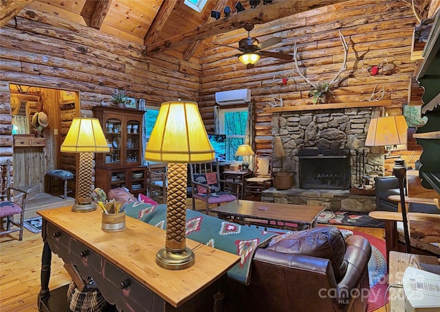 615 Sweetwater Rdg, Burnsville, NC 28714 - living room featuring wood-type flooring, a wall mounted AC, wooden ceiling with exposed beams, rustic walls, and high vaulted ceiling