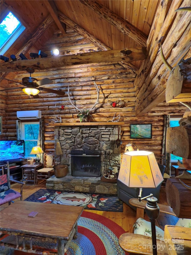 615 Sweetwater Rdg, Burnsville, NC 28714 - living room with log walls, hardwood / wood-style flooring, high vaulted ceiling, wood ceiling with exposed beams, and a fireplace
