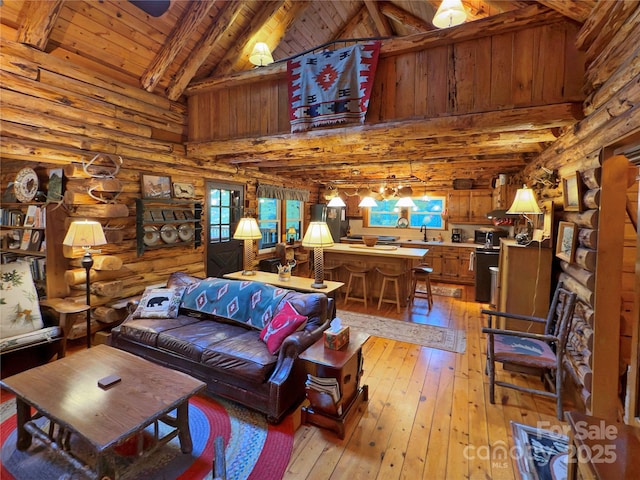 615 Sweetwater Rdg, Burnsville, NC 28714 - living room with log walls, light wood finished floors, high vaulted ceiling, and wood ceiling with exposed beams