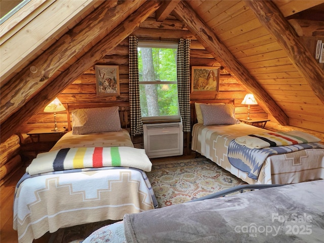 615 Sweetwater Rdg, Burnsville, NC 28714 - bedroom featuring log walls and wood ceiling