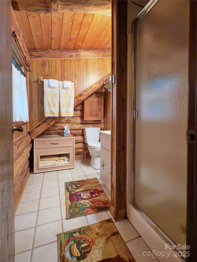 615 Sweetwater Rdg, Burnsville, NC 28714 - bathroom with wood ceiling, tile patterned flooring, a stall shower, toilet, and wood walls