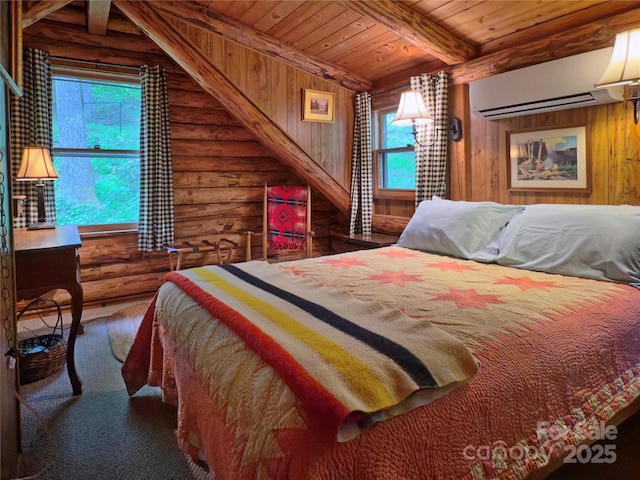 615 Sweetwater Rdg, Burnsville, NC 28714 - bedroom with log walls, wood ceiling with exposed beams, multiple windows, a wall mounted air conditioner, and wood walls