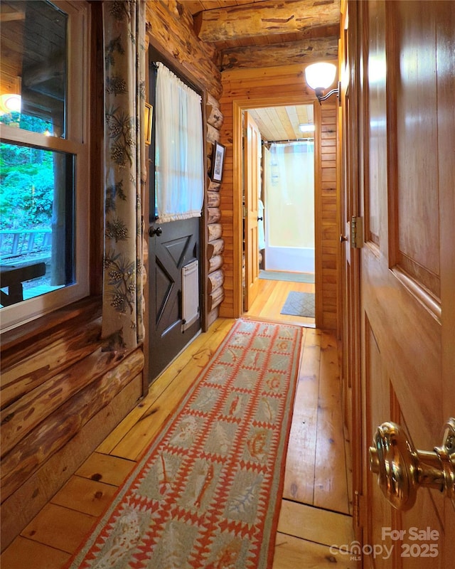 615 Sweetwater Rdg, Burnsville, NC 28714 - corridor with light wood-type flooring and rustic walls