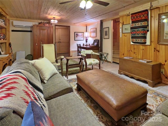 615 Sweetwater Rdg, Burnsville, NC 28714 - living room with wooden walls, light tile patterned flooring, wooden ceiling, a ceiling fan, and a wall mounted air conditioner