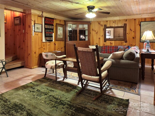 615 Sweetwater Rdg, Burnsville, NC 28714 - living area featuring light tile patterned floors, ceiling fan, wood walls, and wood ceiling