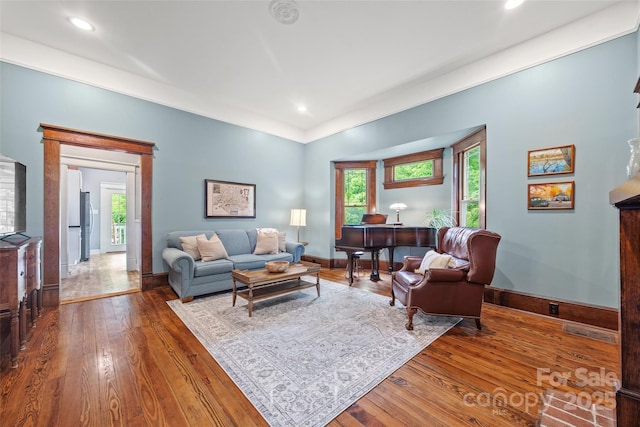 4569 Edgeland Rd, Edgemoor, SC 29712 - living area with hardwood / wood-style floors, healthy amount of natural light, recessed lighting, and baseboards