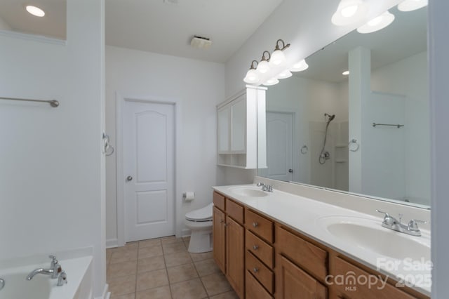 11945 Red Rust Ln, Charlotte, NC 28277 - bathroom with double vanity, tile patterned floors, a shower, and a tub