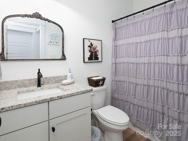 bathroom featuring vanity, toilet, a shower with shower curtain, and wood finished floors