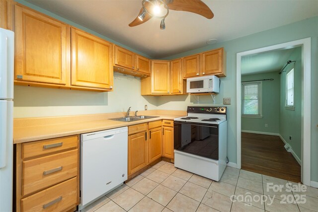 49 Jeffress Ave, Asheville, NC 28803 - kitchen featuring white appliances, a ceiling fan, light countertops, and light tile patterned flooring