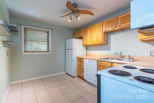 49 Jeffress Ave, Asheville, NC 28803 - kitchen featuring white appliances, ceiling fan, light countertops, light tile patterned floors, and open shelves