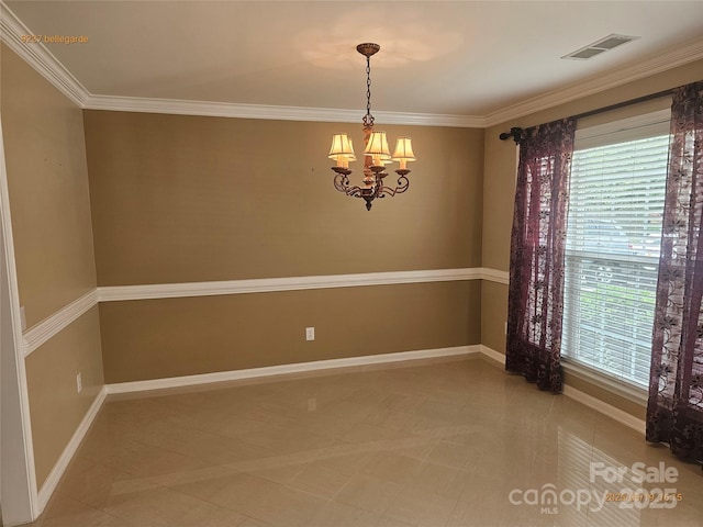 empty room with a chandelier, baseboards, crown molding, and light tile patterned floors