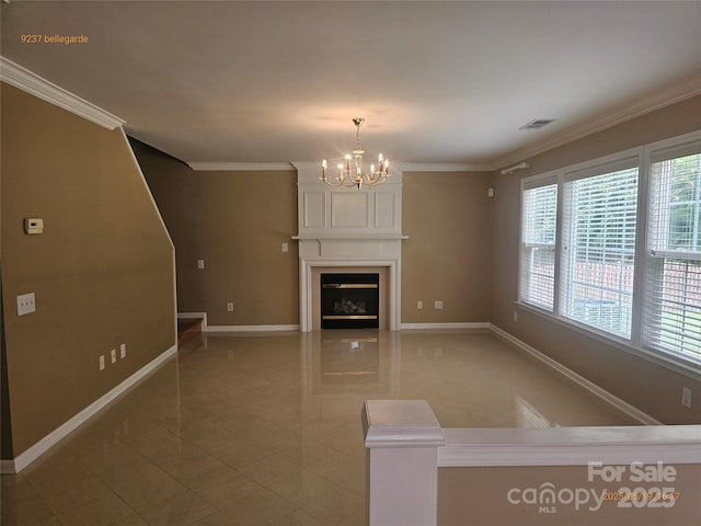unfurnished living room with a chandelier, tile patterned flooring, baseboards, and ornamental molding