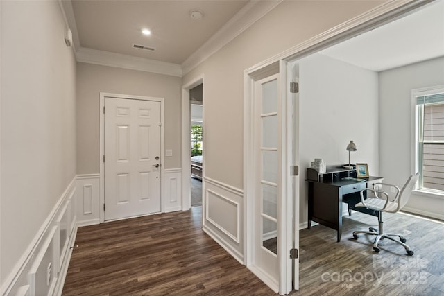 2329 Delaney Dr, Fort Mill, SC 29715 - office area with crown molding, dark wood finished floors, a wainscoted wall, and a decorative wall