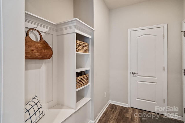 2329 Delaney Dr, Fort Mill, SC 29715 - mudroom featuring dark wood-style flooring, baseboards, and built in shelves