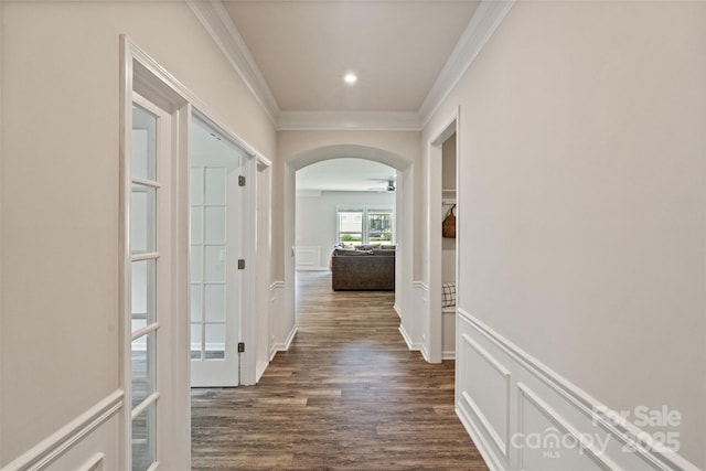 2329 Delaney Dr, Fort Mill, SC 29715 - hall featuring ornamental molding, arched walkways, dark wood-style floors, and recessed lighting
