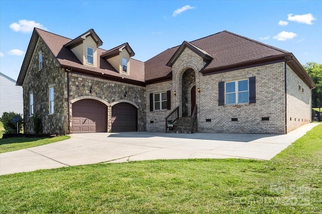 1974 Glen Manor Ct, Lincolnton, NC 28092 - french country inspired facade featuring crawl space, driveway, a front lawn, brick siding, and a garage