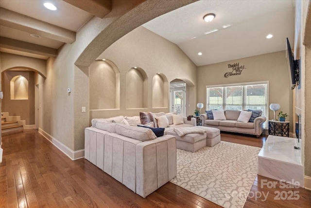 1974 Glen Manor Ct, Lincolnton, NC 28092 - living area featuring arched walkways, hardwood / wood-style flooring, high vaulted ceiling, baseboards, and recessed lighting
